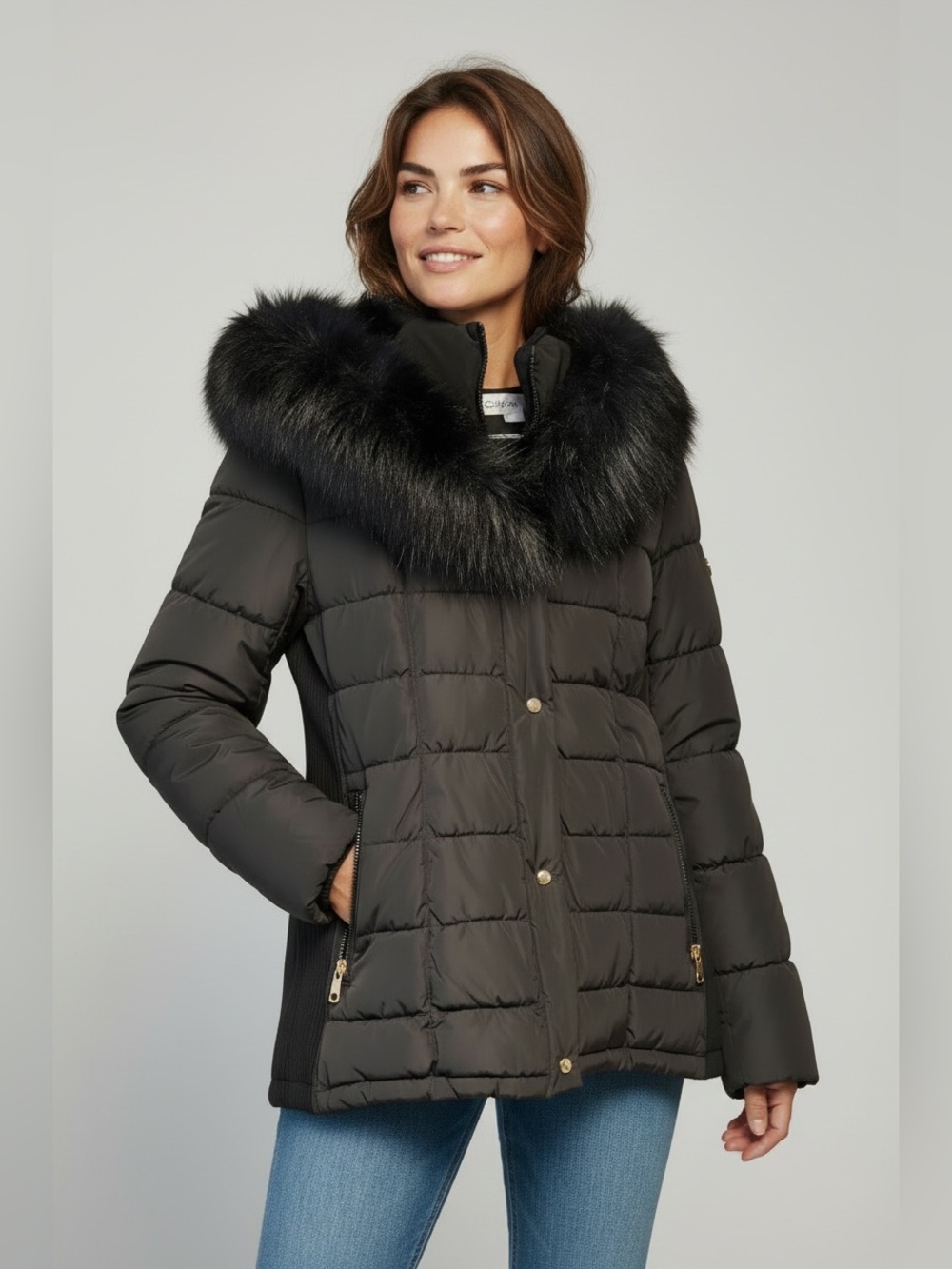 Calvin Klein Black Down Quilted Puffer Jacket with Faux Fur Hood Trim